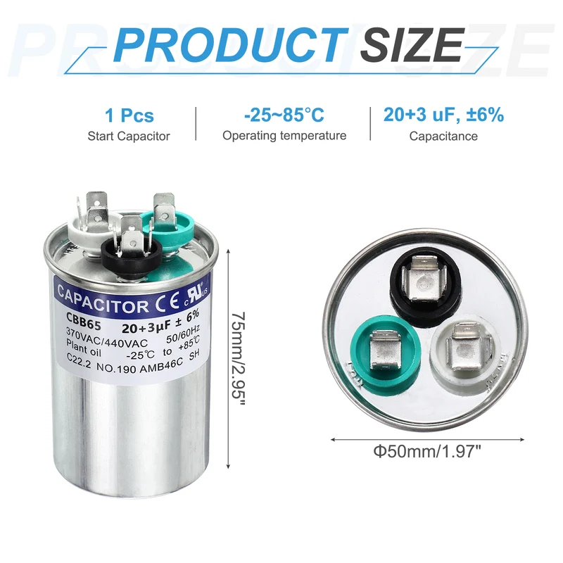 20+3MFD CBB65 Run Start Capacitor 20+3uF, 370/440V Round AC Capacitor