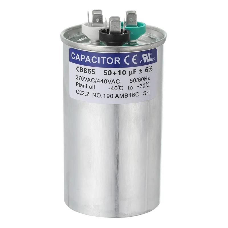 CBB65 Capacitor, 50+10uF 370-440 VAC 50/60Hz Aluminium Round Capacitor