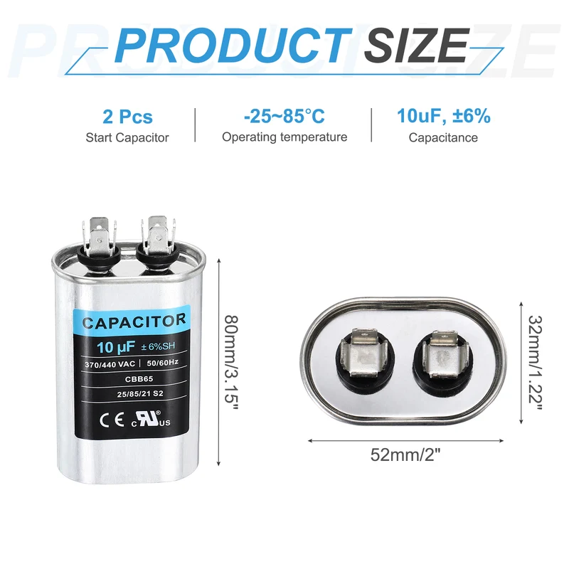 2Pcs 10MFD CBB65 Run Start Capacitor 10uF, 370/440V Oval AC Capacitor