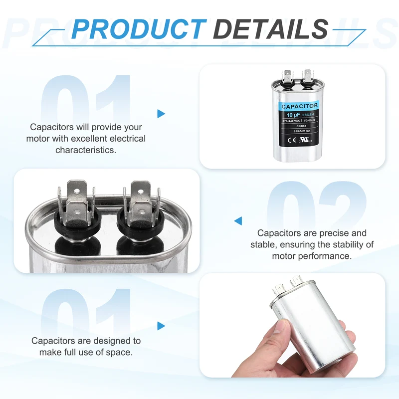 2Pcs 10MFD CBB65 Run Start Capacitor 10uF, 370/440V Oval AC Capacitor