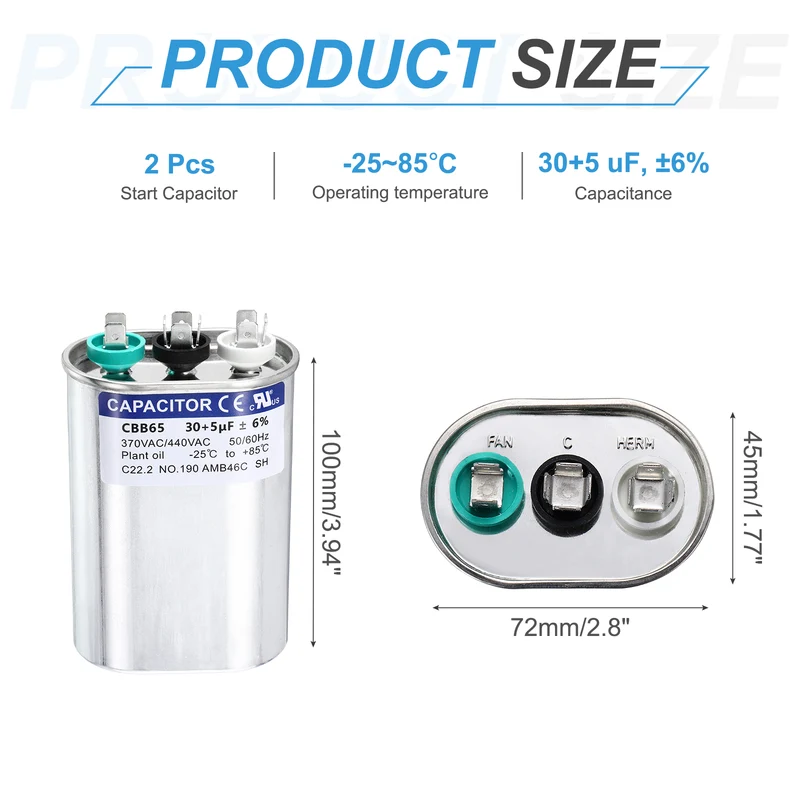 2Pcs 30+5MFD CBB65 Run Start Capacitor 30+5uF, 370/440V Oval AC Capacitor