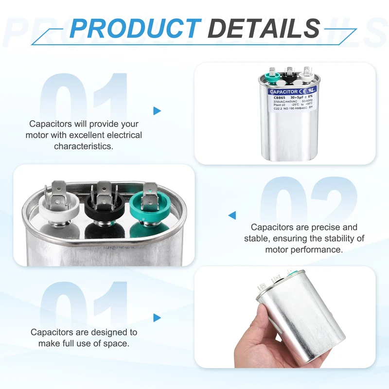 2Pcs 30+5MFD CBB65 Run Start Capacitor 30+5uF, 370/440V Oval AC Capacitor