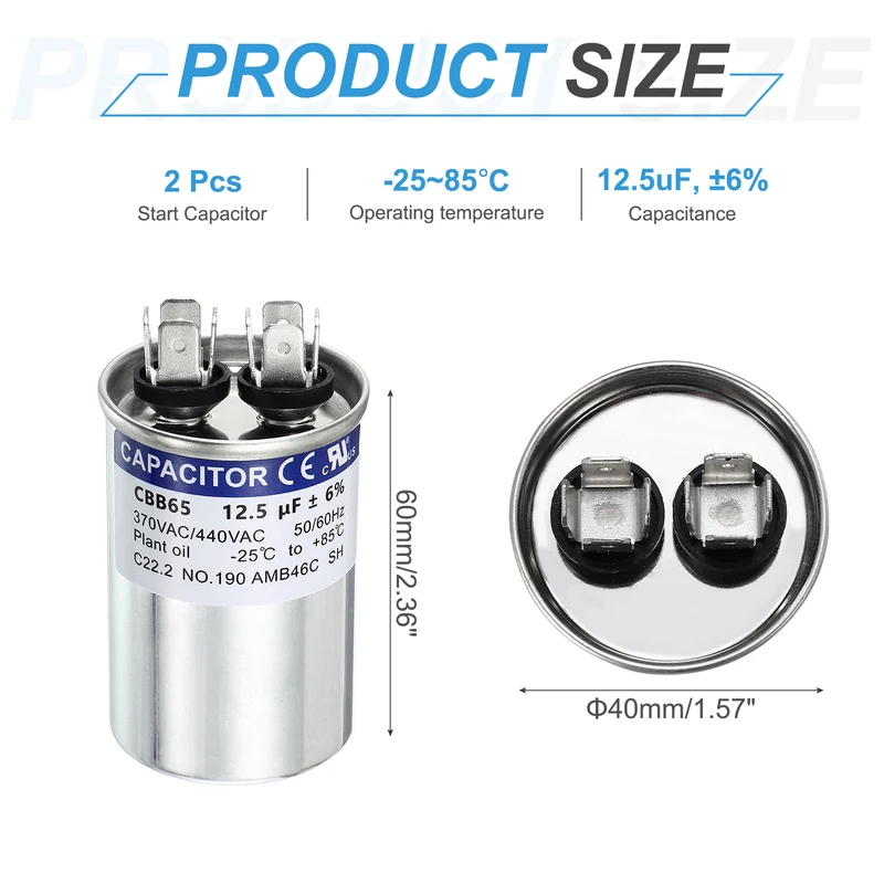 2Pcs 12.5MFD CBB65 Run Start Capacitor 12.5uF, 370/440V Round AC Capacitor