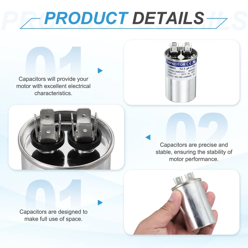 2Pcs 12.5MFD CBB65 Run Start Capacitor 12.5uF, 370/440V Round AC Capacitor