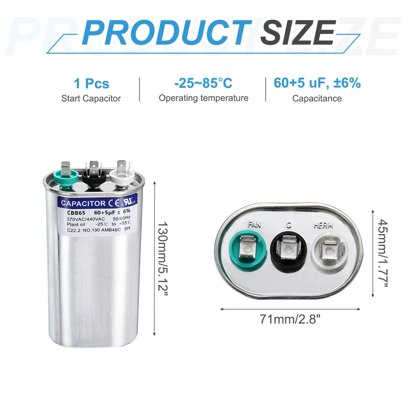 60+5MFD CBB65 Run Start Capacitor 60+5uF 370/440V Oval AC Capacitor