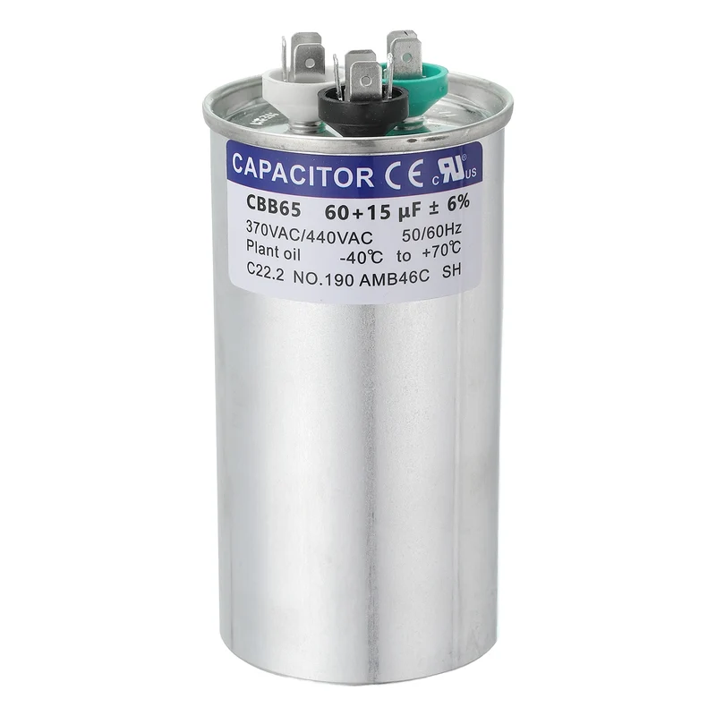 CBB65 Capacitor, 60+15uF 370-440 VAC 50/60Hz Aluminium Round Capacitor