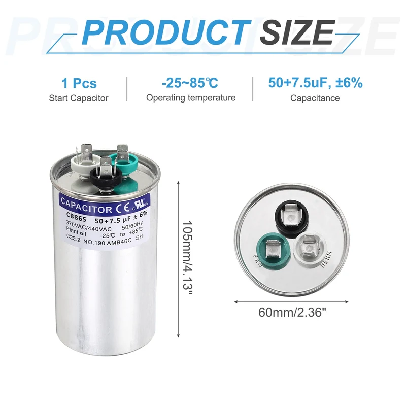 50+7.5MFD CBB65 Run Start Capacitor 50+7.5uF 370/440V Round AC Capacitor