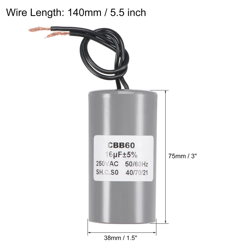 CBB60 Run Capacitor 16uF 250V AC 2 Wires 75x38mm for Compressor Pump Motor