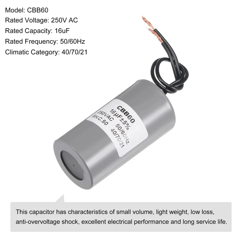 CBB60 Run Capacitor 16uF 250V AC 2 Wires 75x38mm for Compressor Pump Motor