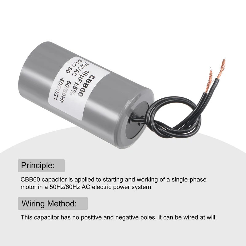 CBB60 Run Capacitor 16uF 250V AC 2 Wires 75x38mm for Compressor Pump Motor