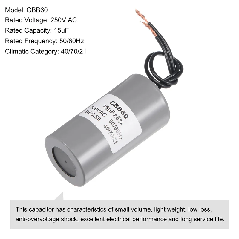 CBB60 Run Capacitor 15uF 250V AC 2 Wires 73x38mm for Compressor Pump Motor