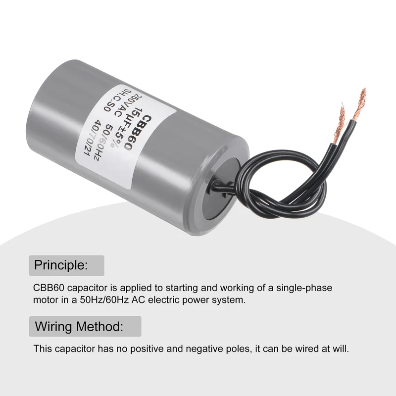CBB60 Run Capacitor 15uF 250V AC 2 Wires 73x38mm for Compressor Pump Motor