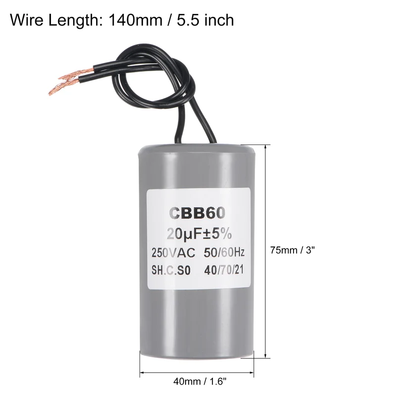 CBB60 Run Capacitor 20uF 250V AC 2 Wires 75x40mm for Compressor Pump Motor