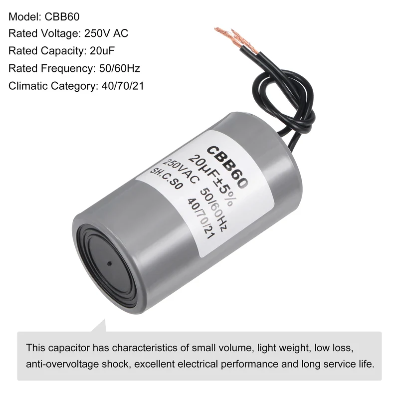 CBB60 Run Capacitor 20uF 250V AC 2 Wires 75x40mm for Compressor Pump Motor