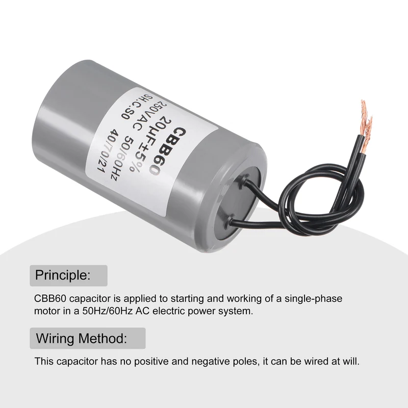 CBB60 Run Capacitor 20uF 250V AC 2 Wires 75x40mm for Compressor Pump Motor