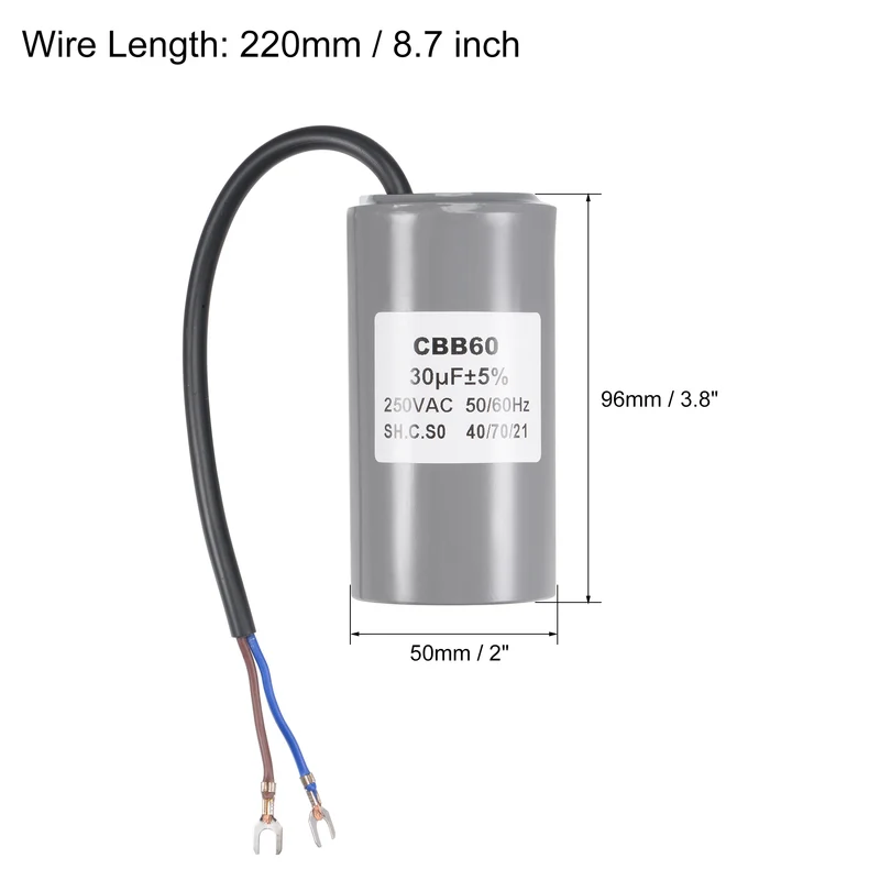 CBB60 Run Capacitor 30uF 250V AC 2 Wires 96x50mm with Terminal for Pump Motor