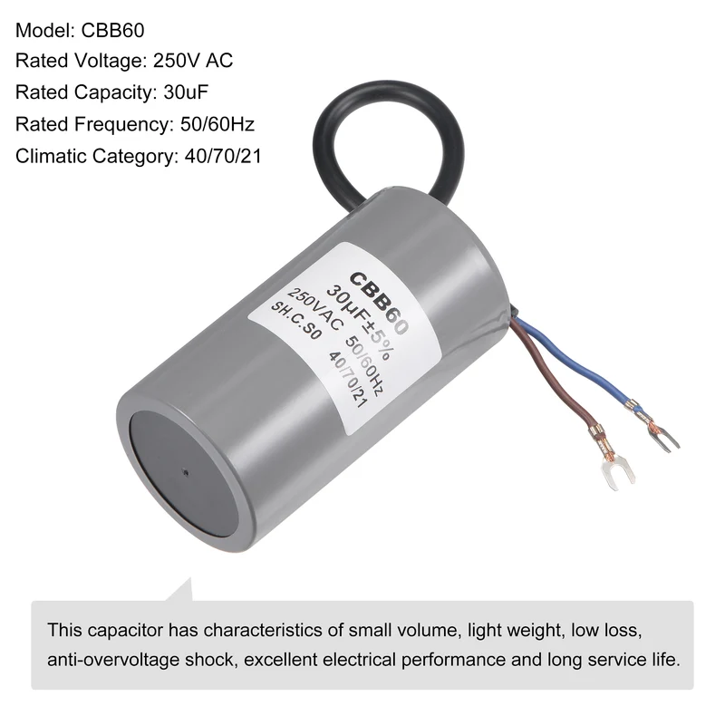 CBB60 Run Capacitor 30uF 250V AC 2 Wires 96x50mm with Terminal for Pump Motor