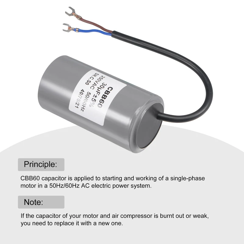 CBB60 Run Capacitor 30uF 250V AC 2 Wires 96x50mm with Terminal for Pump Motor