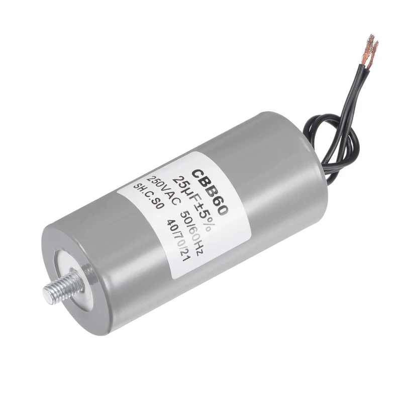 CBB60 Run Capacitor 25uF 250V AC 2 Wires 50/60Hz Cylinder 98x45mm with M8 Fixing Stud for Air Compressor Water Pump Motor