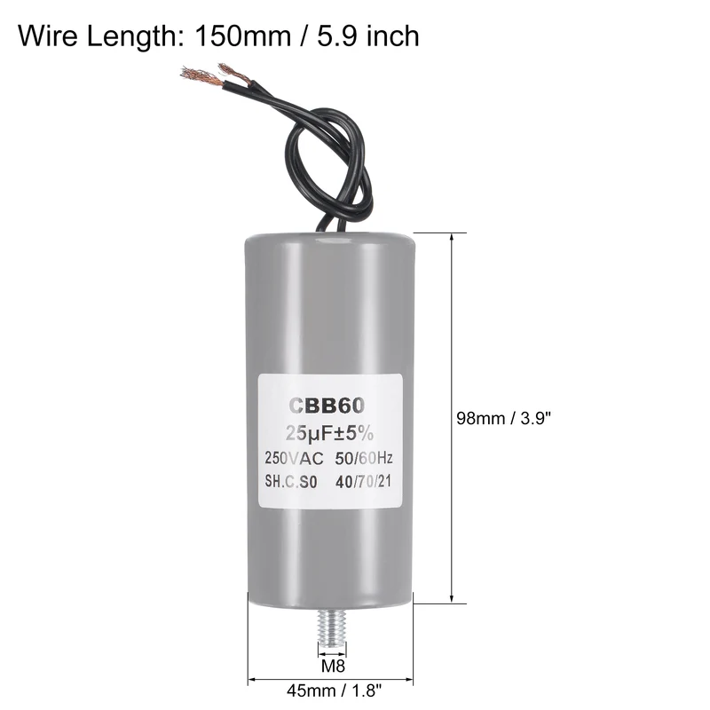CBB60 Run Capacitor 25uF 250V AC 2 Wires 50/60Hz Cylinder 98x45mm with M8 Fixing Stud for Air Compressor Water Pump Motor