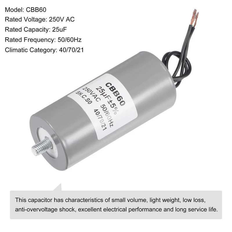CBB60 Run Capacitor 25uF 250V AC 2 Wires 50/60Hz Cylinder 98x45mm with M8 Fixing Stud for Air Compressor Water Pump Motor