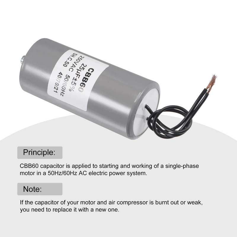 CBB60 Run Capacitor 25uF 250V AC 2 Wires 50/60Hz Cylinder 98x45mm with M8 Fixing Stud for Air Compressor Water Pump Motor