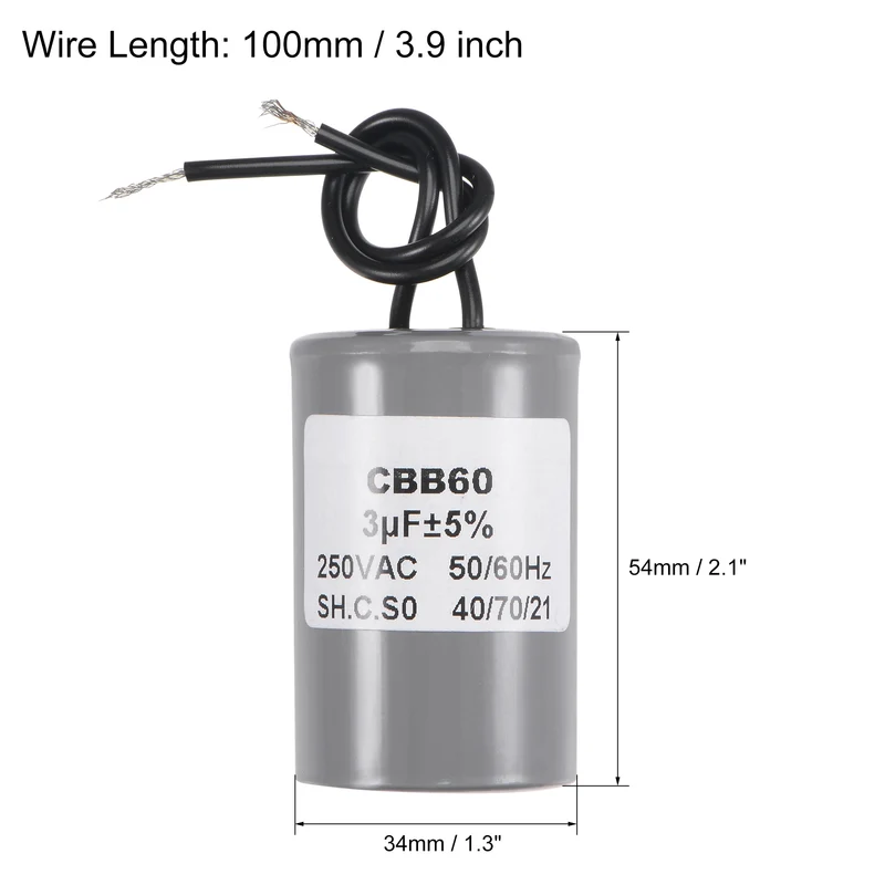 CBB60 Run Capacitor 3uF 250V AC 2 Wires 54x34mm for Compressor Pump Motor