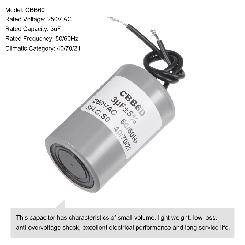 CBB60 Run Capacitor 3uF 250V AC 2 Wires 54x34mm for Compressor Pump Motor