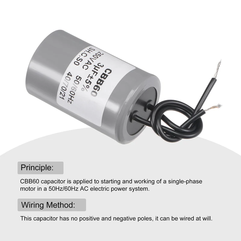 CBB60 Run Capacitor 3uF 250V AC 2 Wires 54x34mm for Compressor Pump Motor