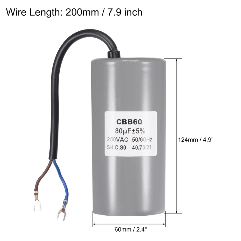 CBB60 Run Capacitor 80uF 250V AC 2 Wires 124x60mm with Terminal for Pump Motor