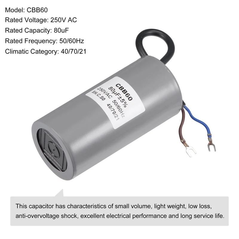 CBB60 Run Capacitor 80uF 250V AC 2 Wires 124x60mm with Terminal for Pump Motor