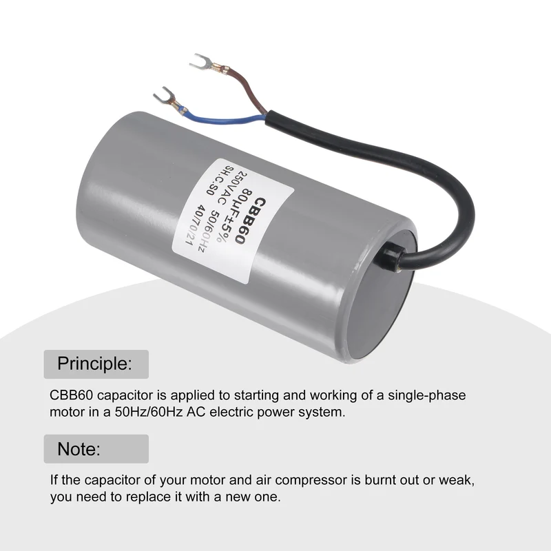 CBB60 Run Capacitor 80uF 250V AC 2 Wires 124x60mm with Terminal for Pump Motor