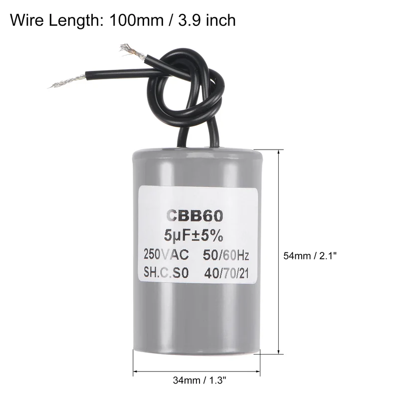 CBB60 Run Capacitor 5uF 250V AC 2 Wires 54x34mm for Compressor Pump Motor