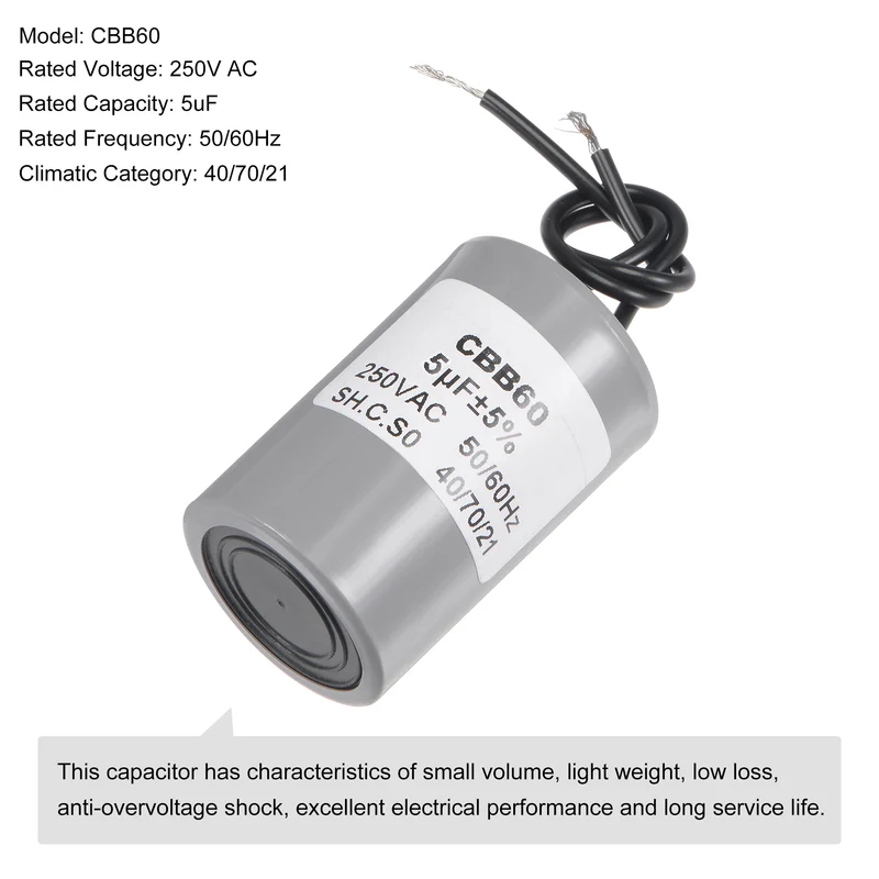 CBB60 Run Capacitor 5uF 250V AC 2 Wires 54x34mm for Compressor Pump Motor