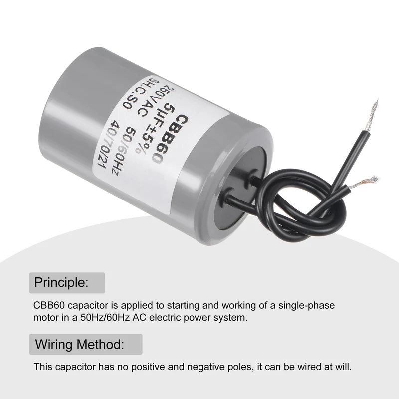 CBB60 Run Capacitor 5uF 250V AC 2 Wires 54x34mm for Compressor Pump Motor