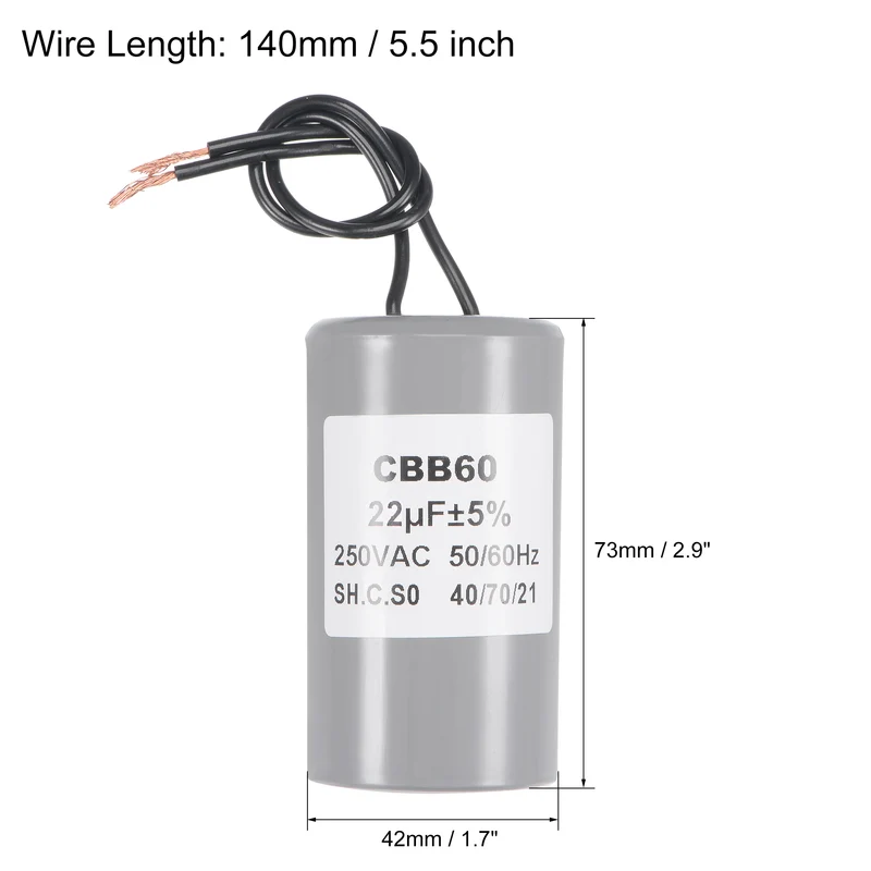 CBB60 Run Capacitor 22uF 250V AC 2 Wires 73x42mm for Compressor Pump Motor