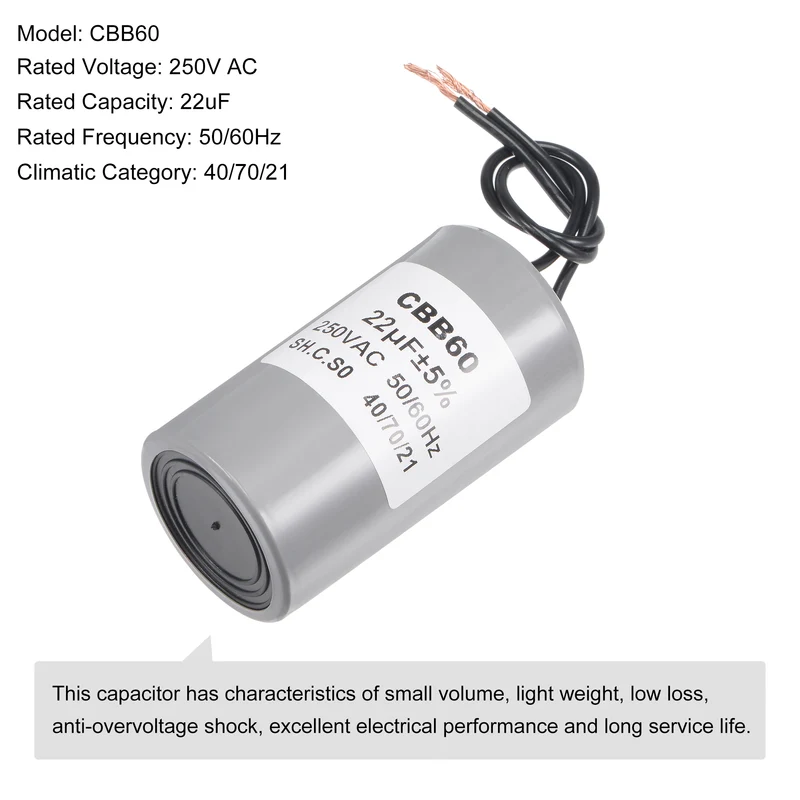 CBB60 Run Capacitor 22uF 250V AC 2 Wires 73x42mm for Compressor Pump Motor