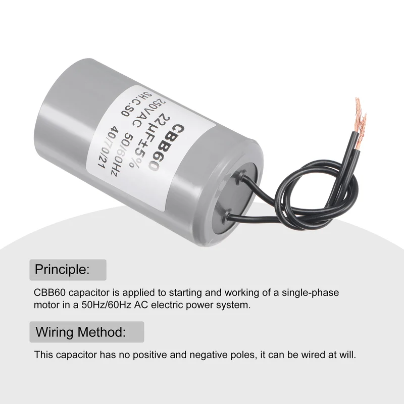 CBB60 Run Capacitor 22uF 250V AC 2 Wires 73x42mm for Compressor Pump Motor
