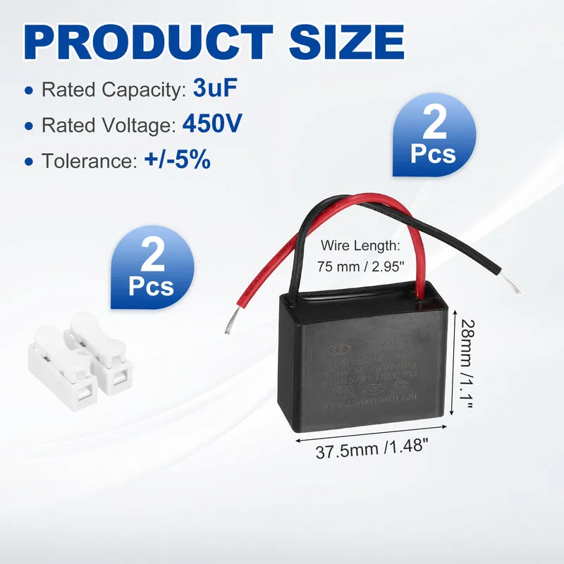 3uF 450V AC 2 Wires CBB61 Ceiling Fan Capacitor, 2pcs, 37.5x28.5x17.5mm