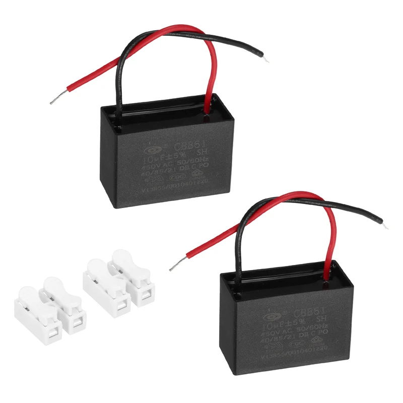 10uF 450V AC 2 Wires CBB61 Ceiling Fan Capacitor, 2pcs, 51x35x25mm