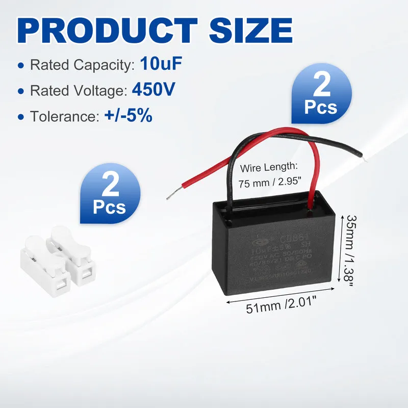 10uF 450V AC 2 Wires CBB61 Ceiling Fan Capacitor, 2pcs, 51x35x25mm