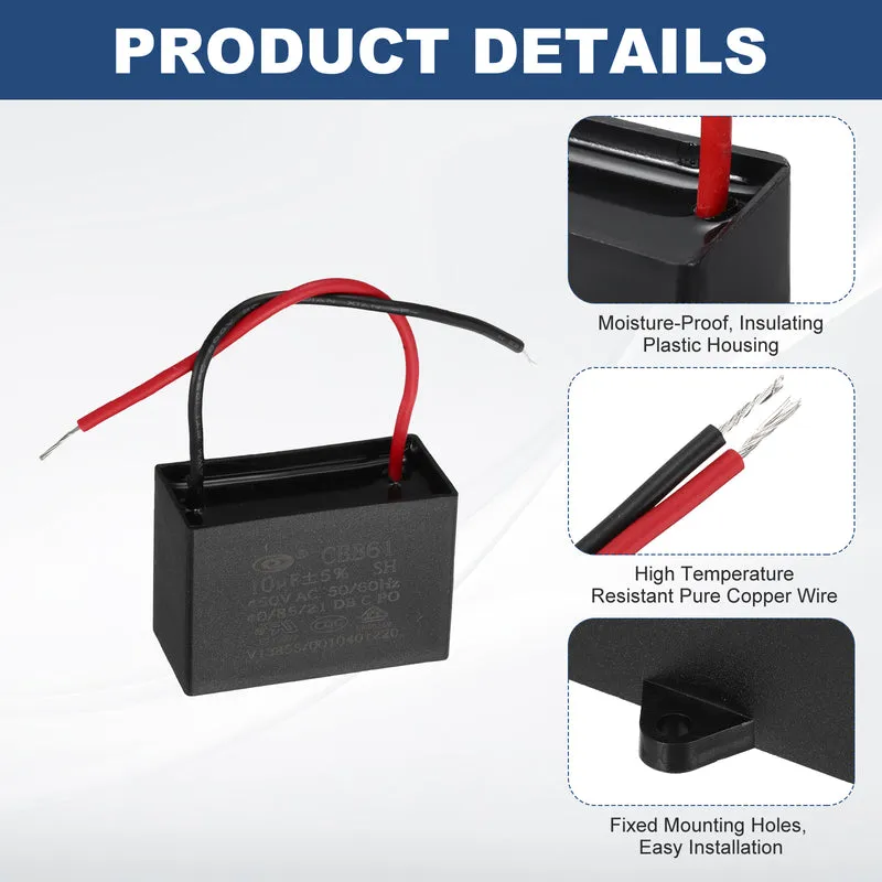 10uF 450V AC 2 Wires CBB61 Ceiling Fan Capacitor, 2pcs, 51x35x25mm