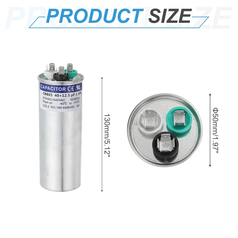 CBB65 Capacitor, 40+12.5uF 370-440 VAC 50/60Hz Aluminium Round Capacitor