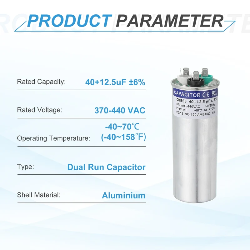 CBB65 Capacitor, 40+12.5uF 370-440 VAC 50/60Hz Aluminium Round Capacitor