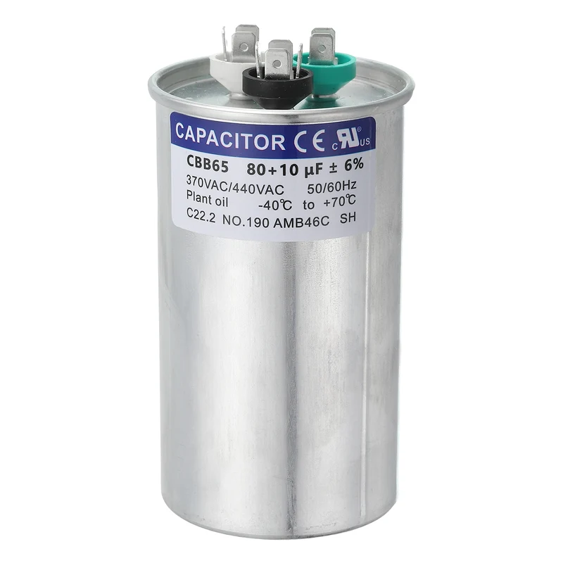 CBB65 Capacitor, 80+10uF 370-440 VAC 50/60Hz Aluminium Round Capacitor