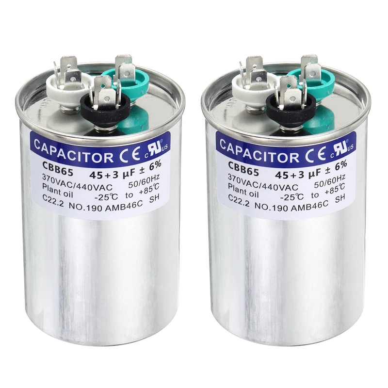 2Pcs 45+3MFD CBB65 Run Start Capacitor 45+3uF 370/440V Round AC Capacitor
