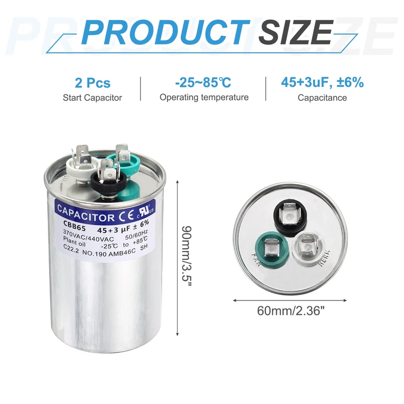2Pcs 45+3MFD CBB65 Run Start Capacitor 45+3uF 370/440V Round AC Capacitor