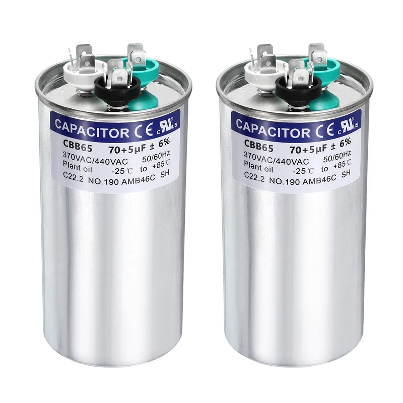 2Pcs 70+5MFD CBB65 Run Start Capacitor 70+5uF 370/440V Round AC Capacitor