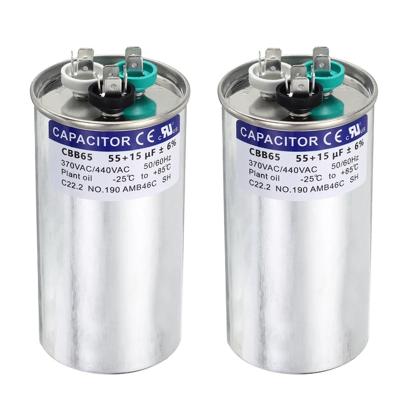 2Pcs 55+15MFD CBB65 Run Start Capacitor 55+15uF 370/440V Round AC Capacitor