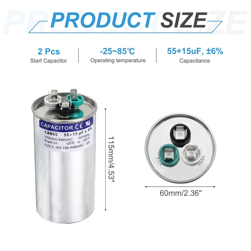 2Pcs 55+15MFD CBB65 Run Start Capacitor 55+15uF 370/440V Round AC Capacitor